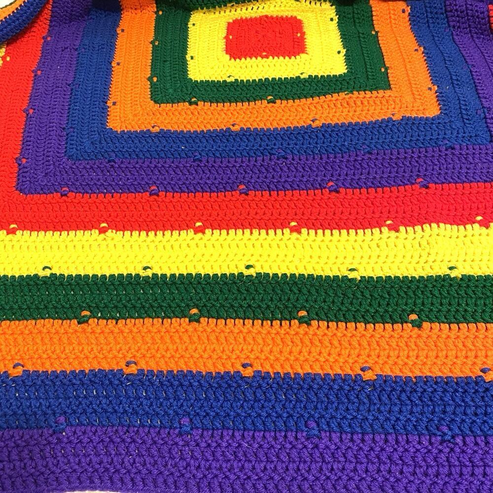 Vintage Handmade Sofa Throw Blanket Crochet Needlework Colorful Rainbow 43x43”